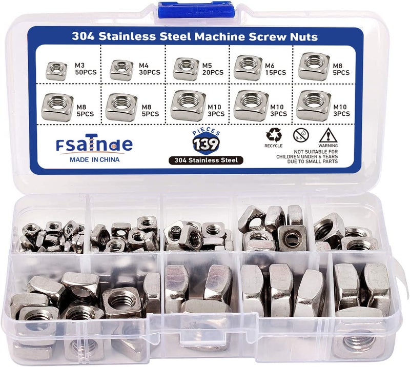 FSATNDE 304 Stainless Steel Machine Square Screw Nuts 304 Square Nuts Metric Assortment Kit Nut 139Pcs - Image 1